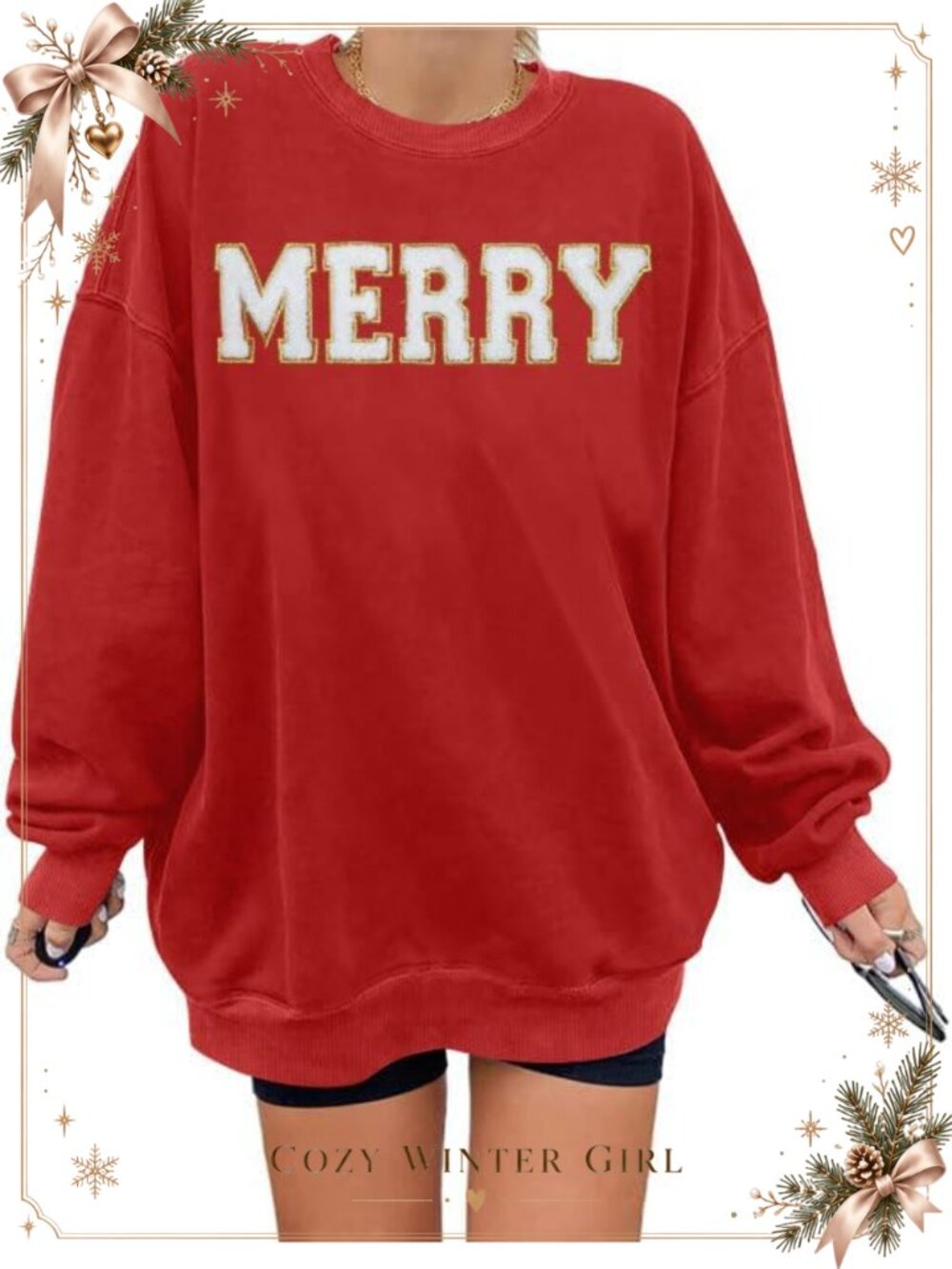 Oversized Christmas Fleece Sweatshirt Embroidery Merry Letter Print Holiday